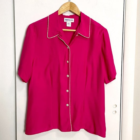 Vintage 80s Fuchsia Blouse by Suburbans – Pearl Cluster Buttons, Beaded Trim - Picture 3 of 8